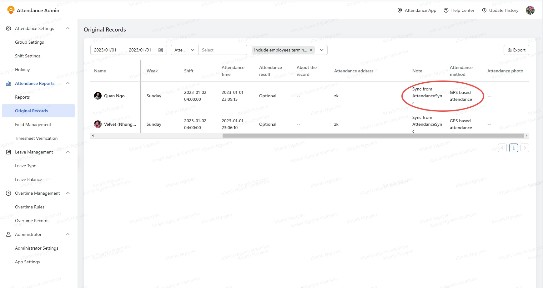 kết quả đồng bộ dữ liệu từ AttendanceSync về Lark Attendance